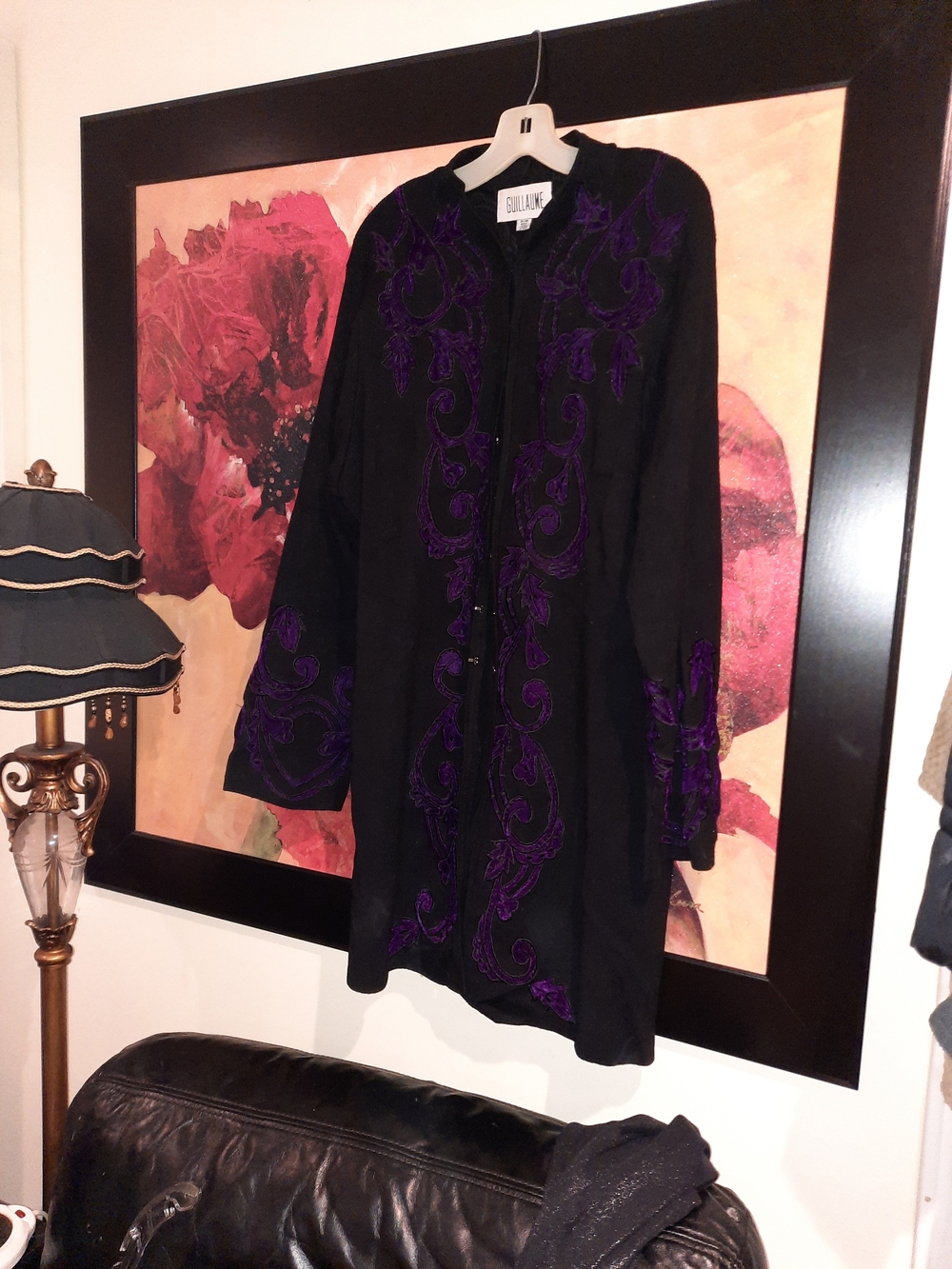 GUILLAME Elegant Black Long Sweater Dress Coat Purple Embroidery Plus Size 2X